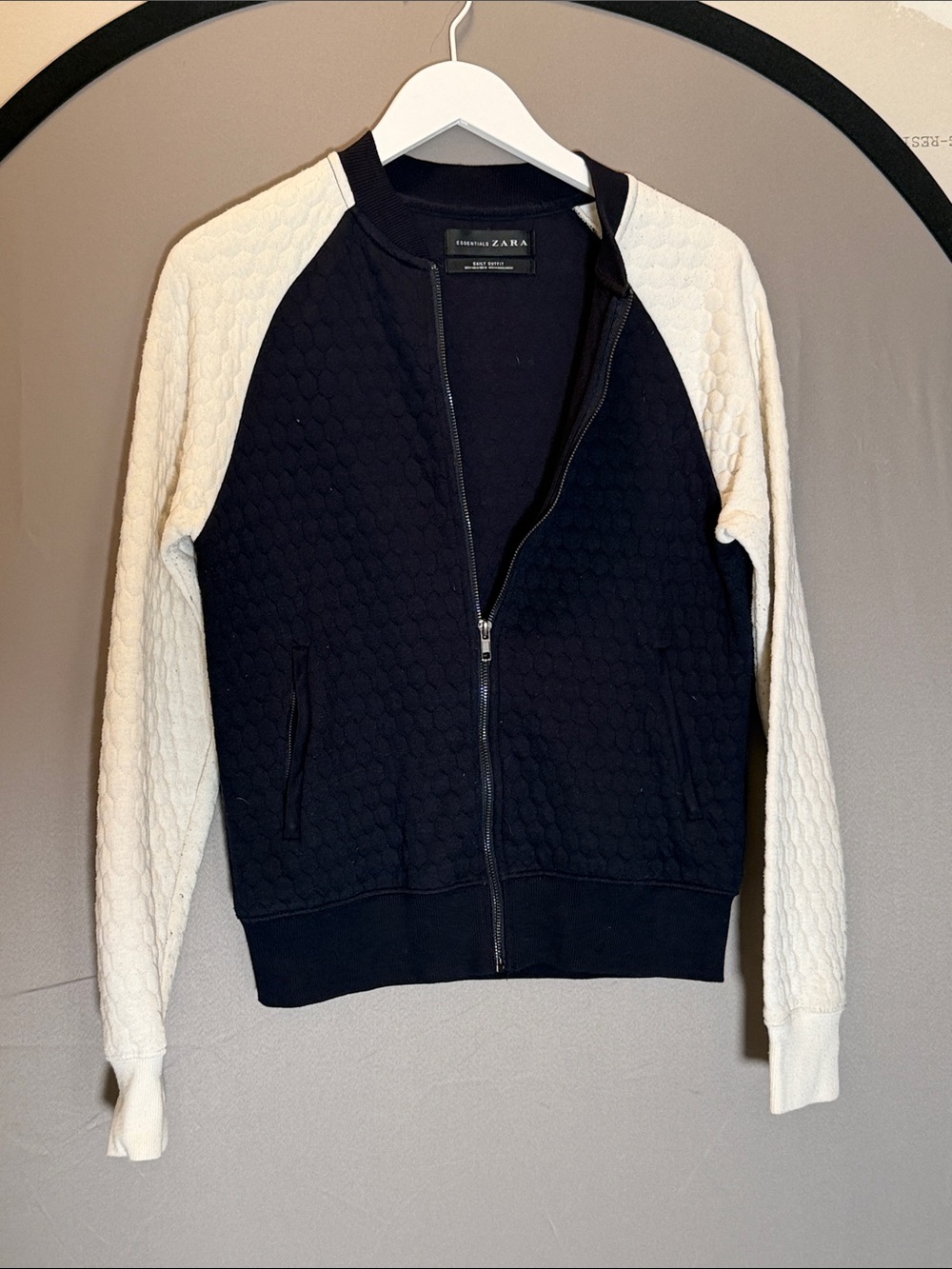 Zara Men Quilted Navy Blue Body with Ivory Raglan Sleeve Zip-Up Sweater
